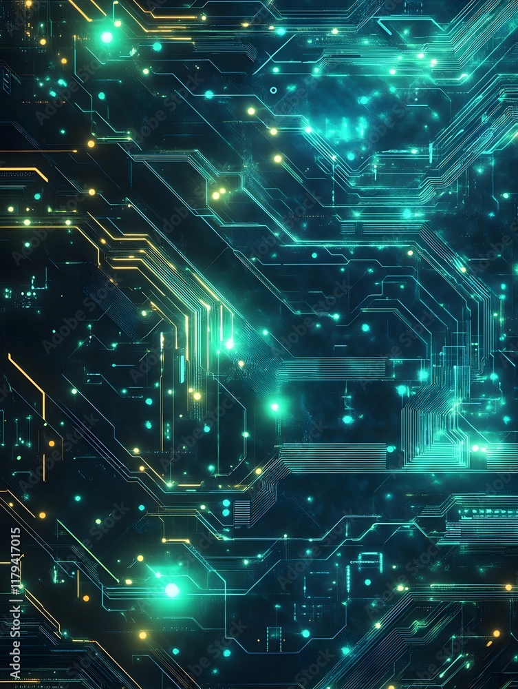 A digital abstract pattern of glowing circuit lines in bright teal and green A digital abstract pattern of glowing circuit lines in bright teal and green