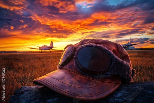 A vintage aviator cap and goggles rest on a log with a dramatic sunset and planes in the background. photo