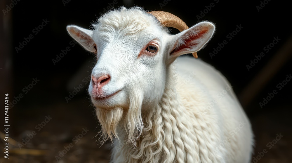 White goat with curly fur and expressive eyes in farm setting during daylight White goat with curly fur and expressive eyes in farm setting during daylight