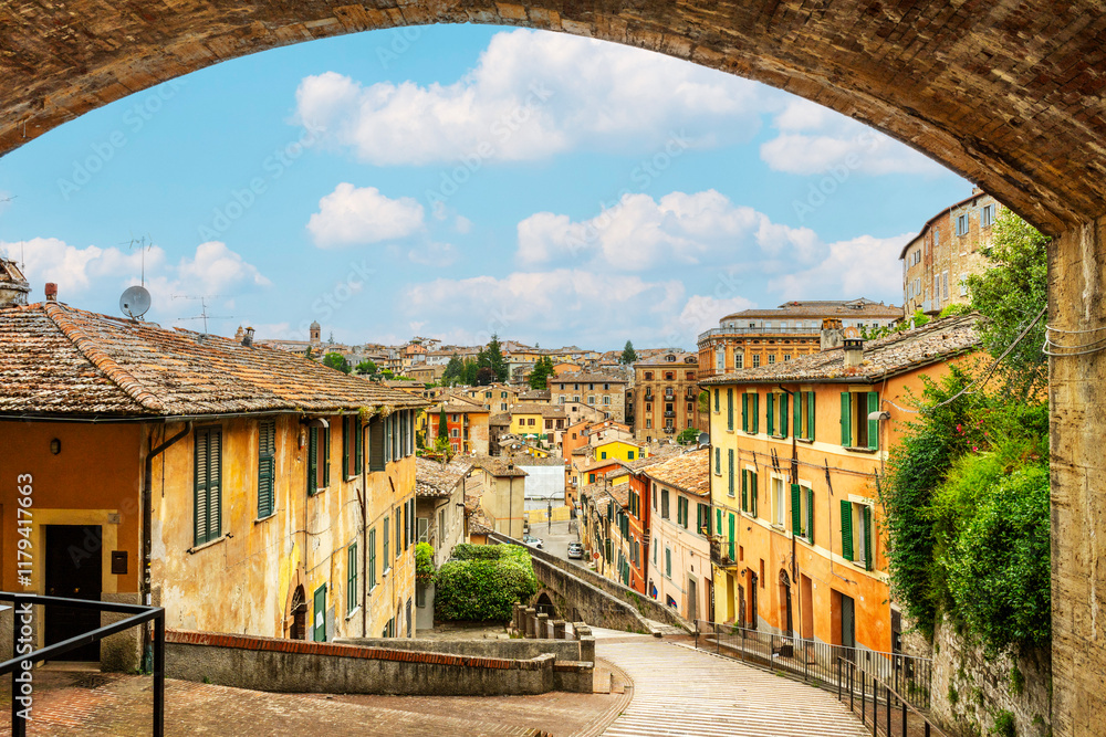 Beautiful Cityscape of Medieval Aqueduct of Perugia, Umbria in Italy