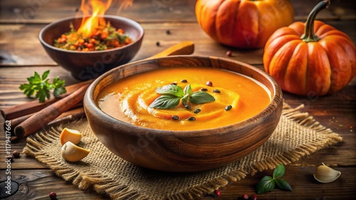 Creamy Pumpkin Soup, Rustic Wooden Table, Closeup - Autumn Food Photography