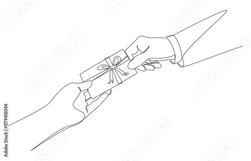 Continuous one line drawing of staff giving gift voucher to customer, shopping reward, shopping returns concept, single line art