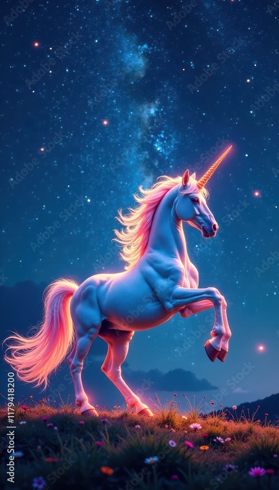 Sparkling unicorn prances under starry night sky with outstretched mane, twirling in joyful abandon, unicorns, movement Sparkling unicorn prances under starry night sky with outstretched mane, twirling in joyful abandon, unicorns, movement