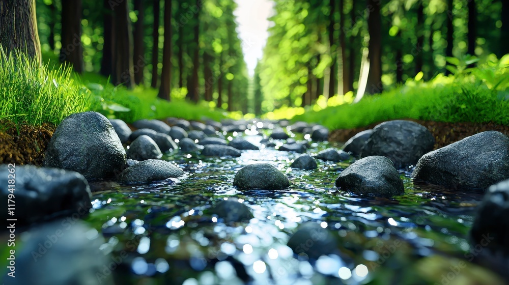 Fototapeta premium Serene Stream Flowing Through Lush Green Forest Landscape