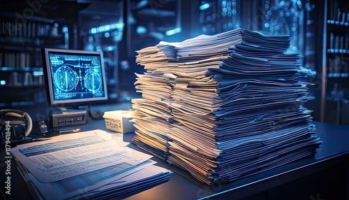 Huge Stack of Documents on Desk in Dark Office Papers Files Night Work Data Overload