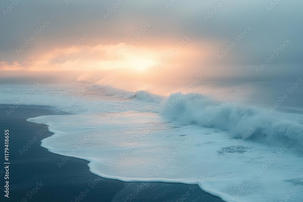 Fototapeta premium atmospheric coastal landscape misty morning seascape with gentle waves and soft sunlight breaking through maritime fog