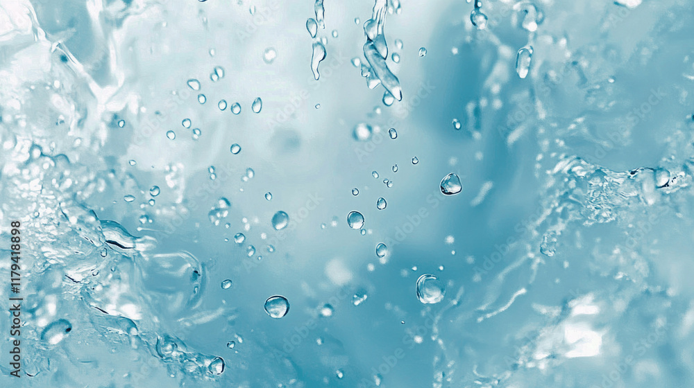 Captivating display of water droplets splashing in bright blue light surrounded by a soft atmosphere. Generative AI Captivating display of water droplets splashing in bright blue light surrounded by a soft atmosphere. Generative AI