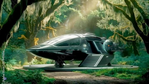 A sleek and futuristic spaceship parked in a dense forest clearing, surrounded by tall, moss-covered trees, with a soft beam of sunlight streaming through the foliage, giving the scene a mysterious an
