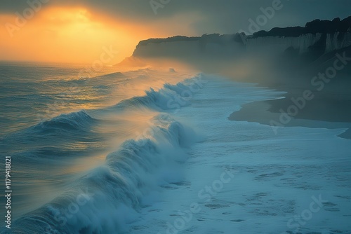 atmospheric coastal landscape misty morning seascape with gentle waves and soft sunlight breaking through maritime fog