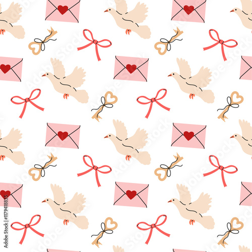 Cute pattern with pigeons, letters for Valentine's day. Holiday background for wrapping