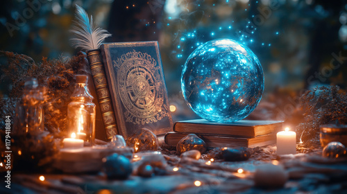 Enchanted forest altar with spellbook, magical orb, and glowing candles. The concept of mysticism, rituals, astrology, fortune-telling, shamanism, tarot, seers, clairvoyants