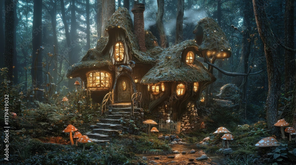 Obraz premium Enchanted Forest Cottage: A whimsical dwelling nestled amidst ancient trees, illuminated by warm lights, mushrooms scattered around the magical abode, creating an enchanting scene.