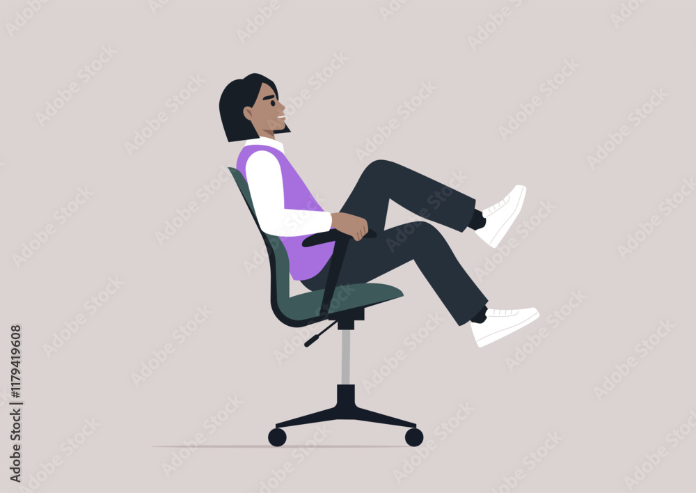 Cheerful manager rolling in an office chair, embracing a fun and playful moment at work, Team-building and joy in the workplace concept Cheerful manager rolling in an office chair, embracing a fun and playful moment at work, Team-building and joy in the workplace concept
