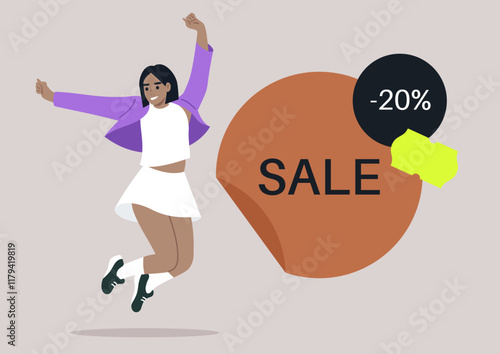 A joyful girl leaps into the air with enthusiasm, showcasing her stylish attire against a backdrop that features a prominent sale announcement, radiating energy and celebration