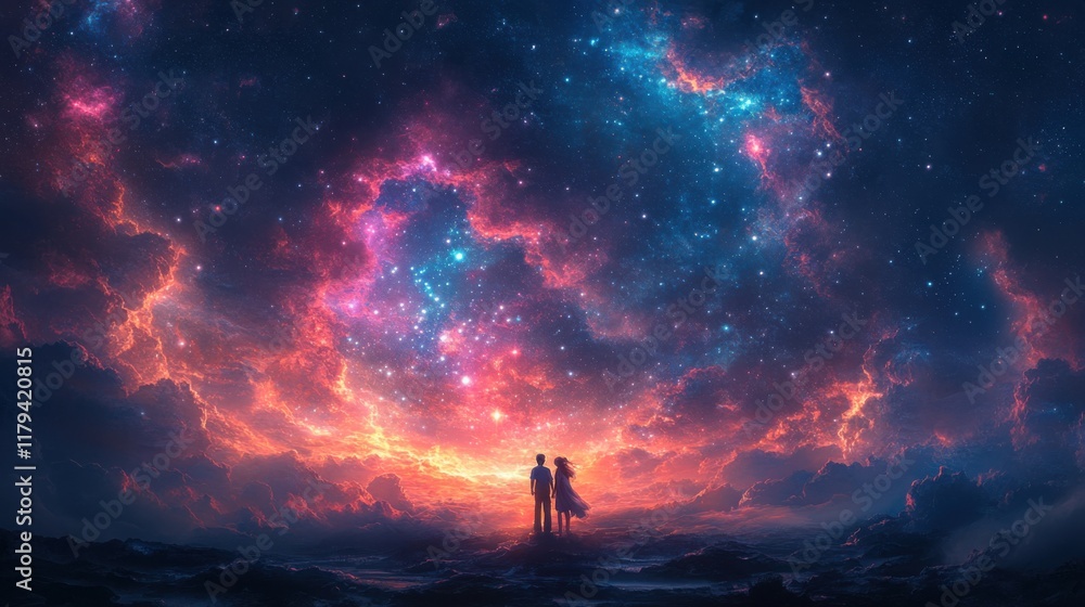 a couple under beautiful galaxy a couple under beautiful galaxy