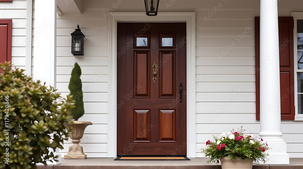 A dark brown wooden front door with glass panels is centered on a white clapboard house. Flanking the door are potted plants and white columns. Exterior lighting is visible. A dark brown wooden front door with glass panels is centered on a white clapboard house. Flanking the door are potted plants and white columns. Exterior lighting is visible.