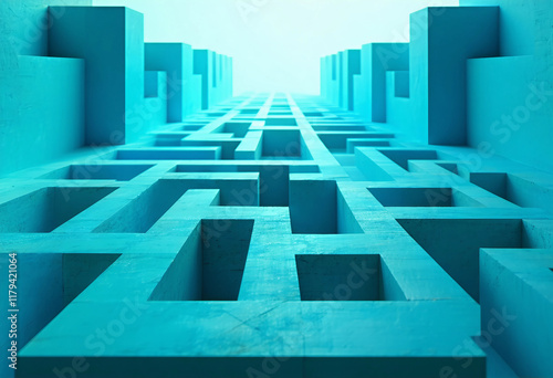 An image featuring a turquoise geometric maze-like artwork with an emphasis on depth angles and intr photo