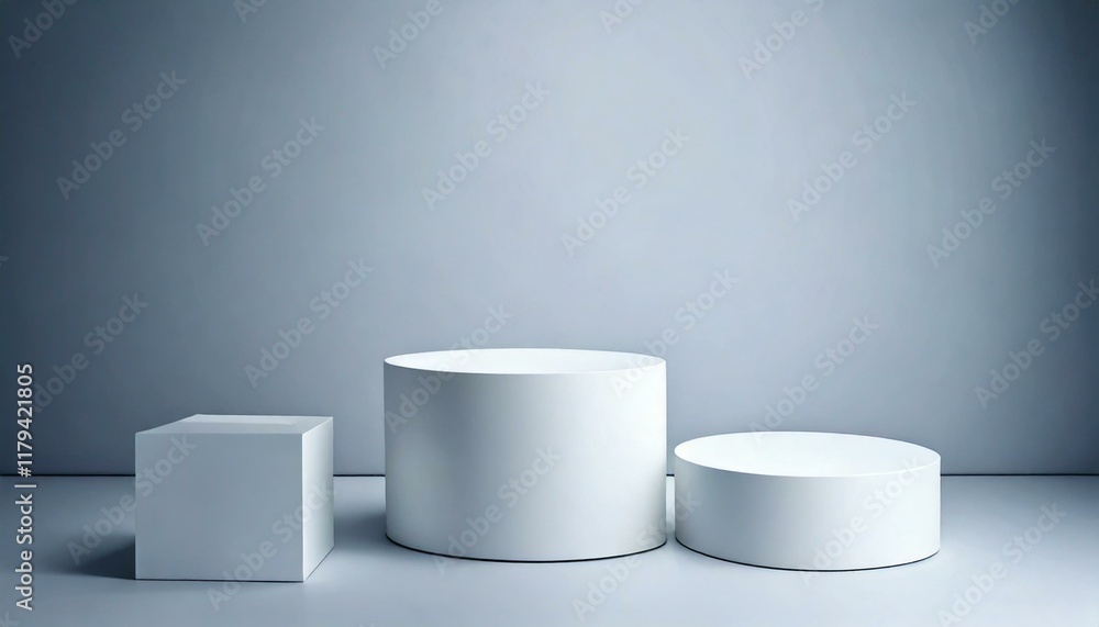 3D white cylindrical podium pedestal background with cube pedestal, 3D white cylindrical podium pedestal background with cube pedestal,