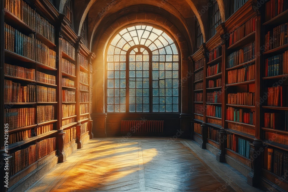 atmospheric interior of ancient library with endless rows of vintage books wooden shelves and warm natural light streaming through windows atmospheric interior of ancient library with endless rows of vintage books wooden shelves and warm natural light streaming through windows
