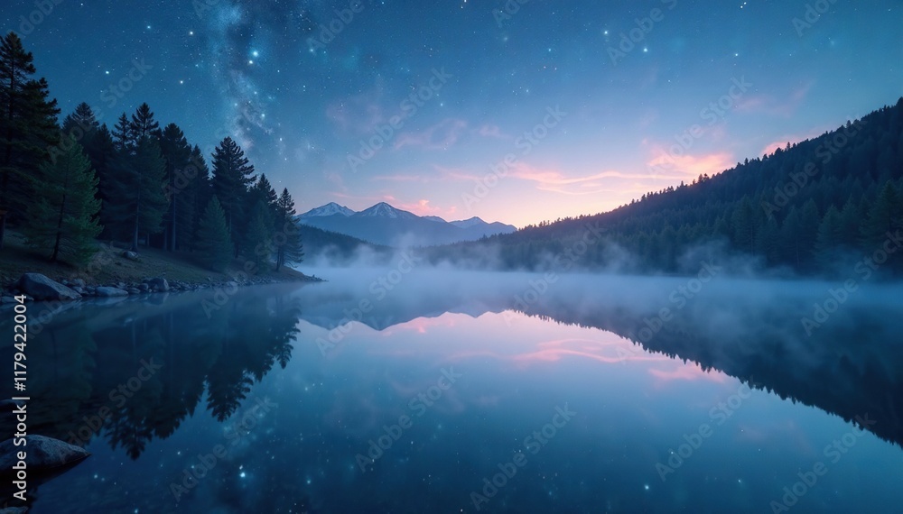Fototapeta premium misty lake surface reflected stars calm surroundings, trees, nature, peaceful