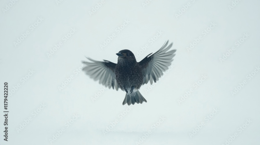 Obraz premium Black Bird Flying Against Light Snowy Background in Winter Scene