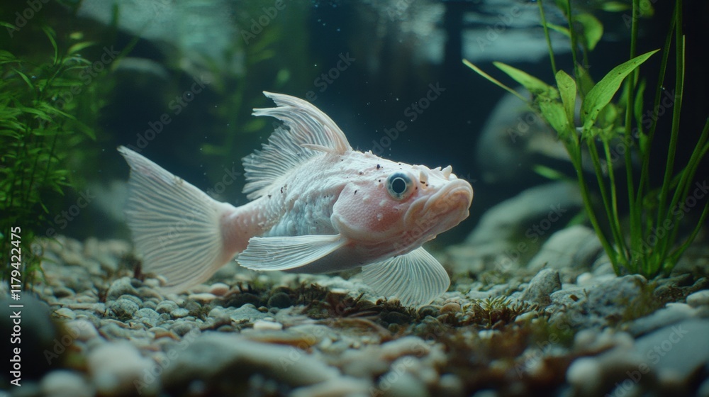 Obraz premium Underwater Scene with a Unique Fish Swimming Among Stones and Plants