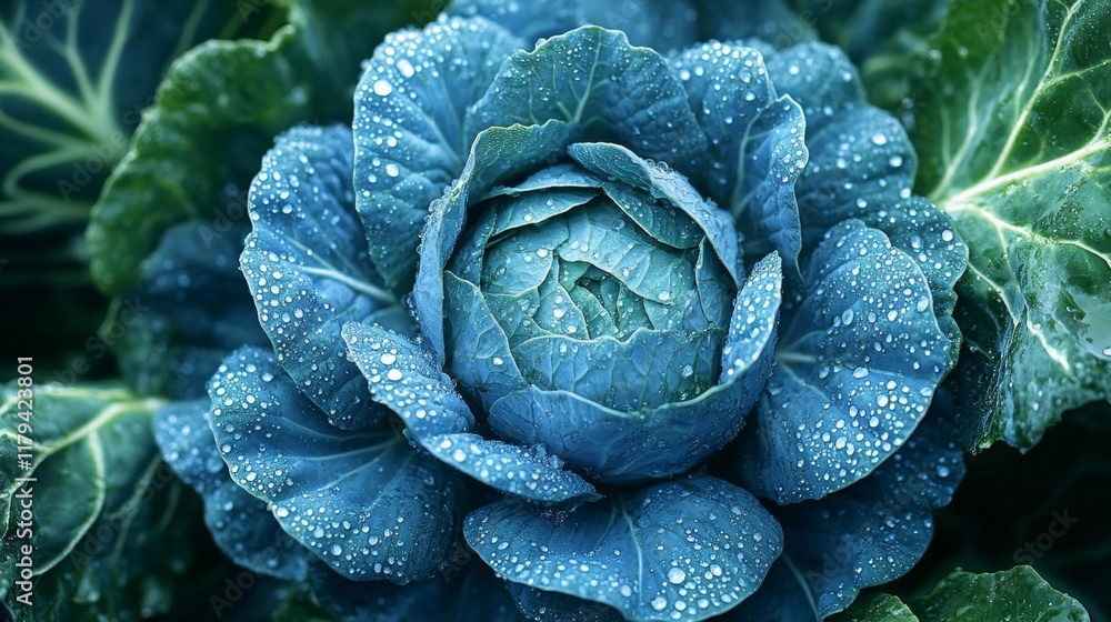 Fototapeta premium Fresh cabbage with dewdrops. Generative AI