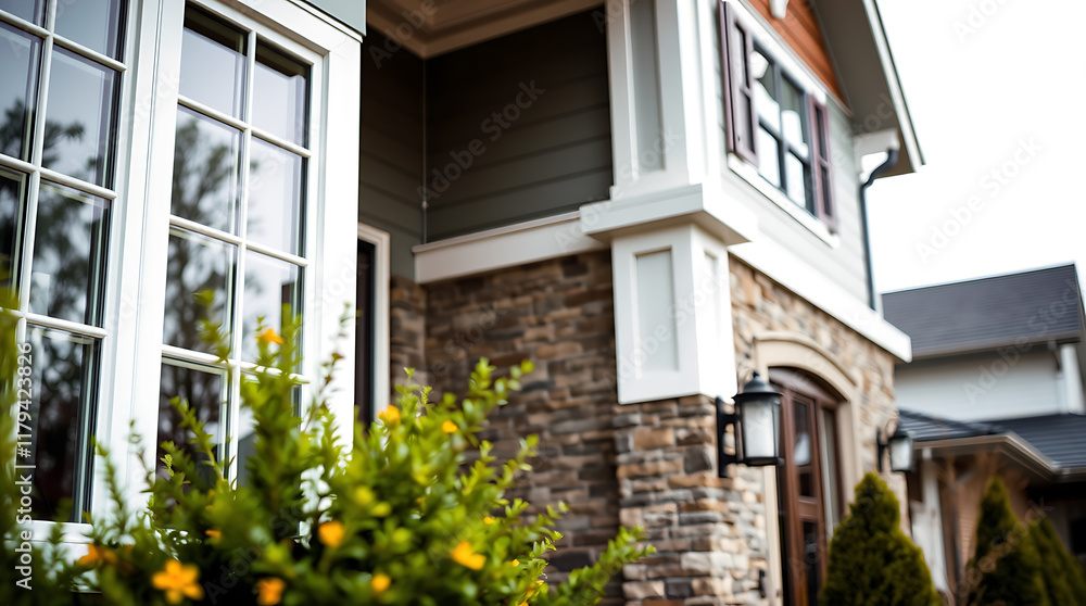 Close-up view of a house exterior featuring stone cladding, white trim, large windows, and a partially visible entrance. Greenery is in the foreground. Close-up view of a house exterior featuring stone cladding, white trim, large windows, and a partially visible entrance. Greenery is in the foreground.