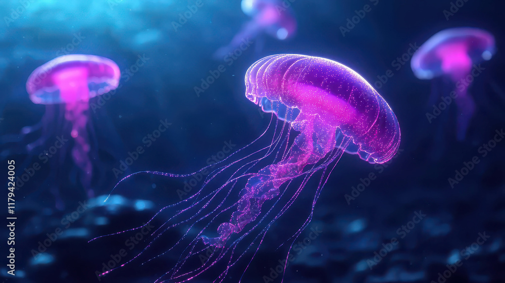 Fototapeta premium Colorful Jellyfish Floating Gracefully in an Ocean Environment with Gentle Waves
