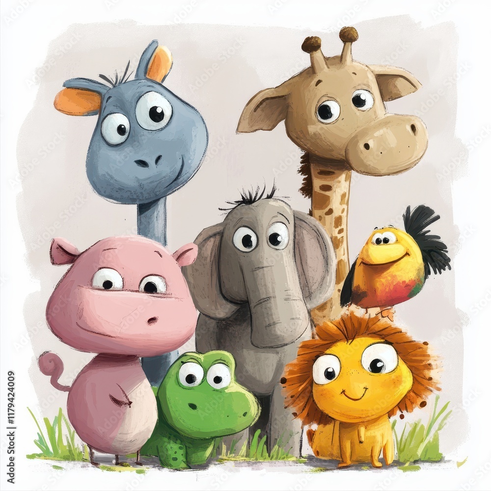 Naklejka premium Adorable Cartoon Animals Gather Together In A Group