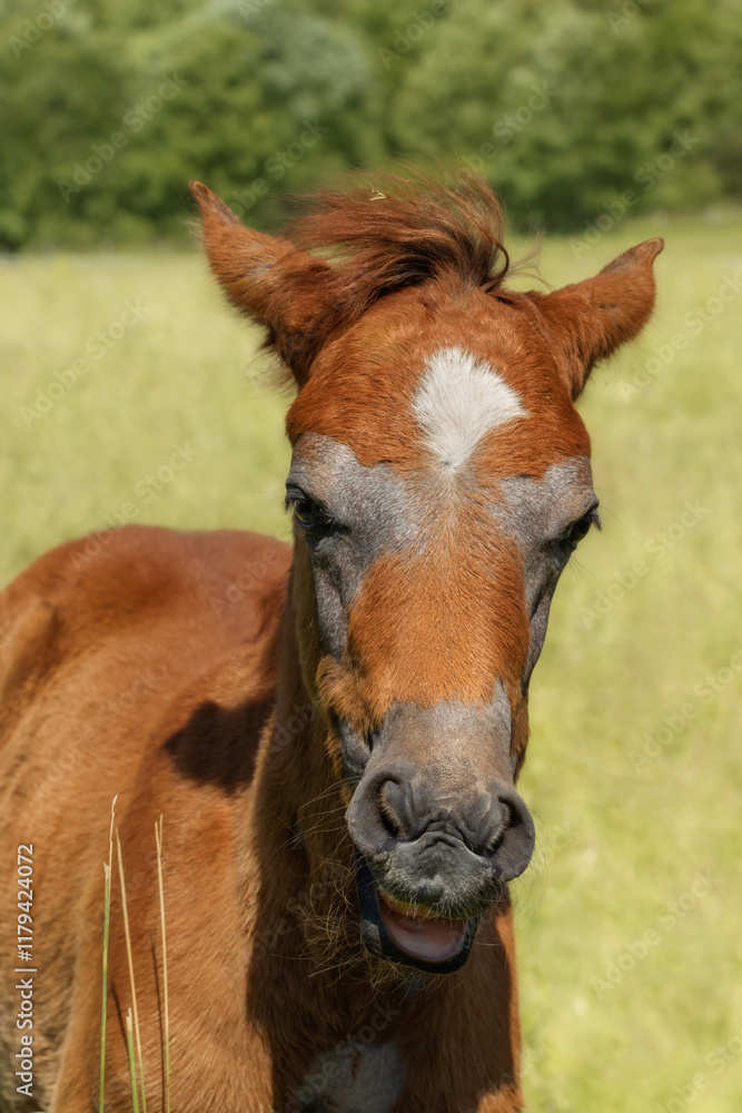 Chestnut colored Arabian foal on a pasture in a windy day Chestnut colored Arabian foal on a pasture in a windy day