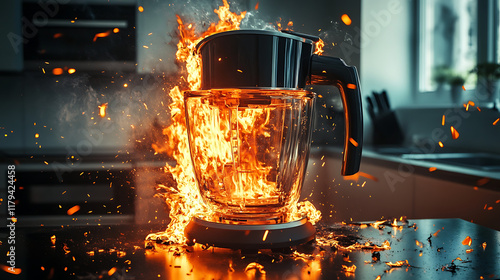 A blender engulfed in flames, highlighting a dangerous kitchen mishap.