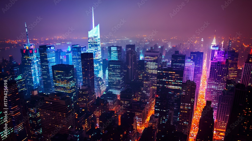 Fototapeta premium A city skyline at night with neon lights and a bright purple sky