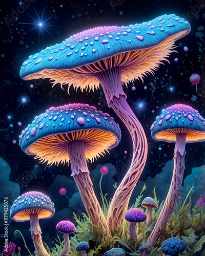 Fantastical Mushrooms Vibrant, fantastical fungi emerging from a cosmic, starry background, blending natural beauty with imaginative, otherworldly elements photo