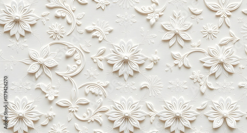 writing space on luxury white paper texture featuring delicate floral motifs and ornamental elements in a seamless pattern.silver and white design , ,use for marriage or other events