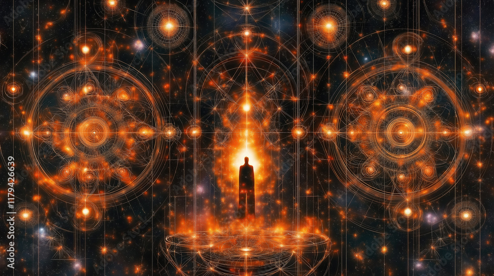 Obraz premium Silhouetted figure in cosmic orange energy with geometric patterns. The concept of mysticism, rituals, astrology, fortune-telling, shamanism, tarot, seers, clairvoyants