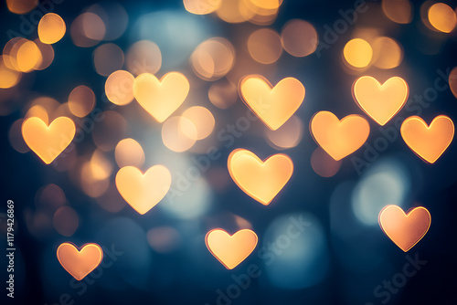 Glowing wireframe a dreamy bokeh effect with pink heart shapes on a dark blurred background, highlighted by a combination of blue and black data points romantic atmosphere