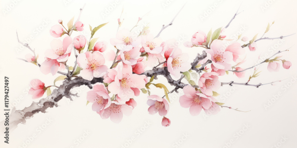 Delicate pink plum blossoms in full bloom on branch, symbolizing beauty Delicate pink plum blossoms in full bloom on branch, symbolizing beauty