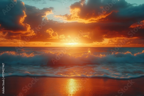 beautiful sunset over turquoise ocean waves gently lapping against pristine sandy shore with golden sunlight streaming through dramatic cloud formations at dusk