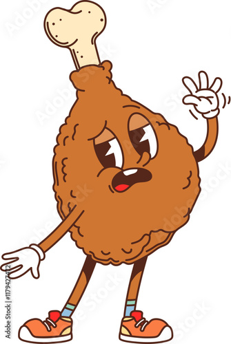 Cartoon groovy fast food fried chicken leg character. Takeaway cafe poultry meat snack sad or disappointed personage. Fast food restaurant chicken fried drumstick meal groovy isolated vector character