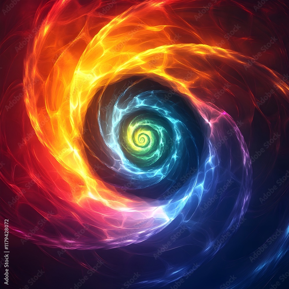 A digital vortex of rainbow energy spiraling toward a glowing core. A digital vortex of rainbow energy spiraling toward a glowing core.