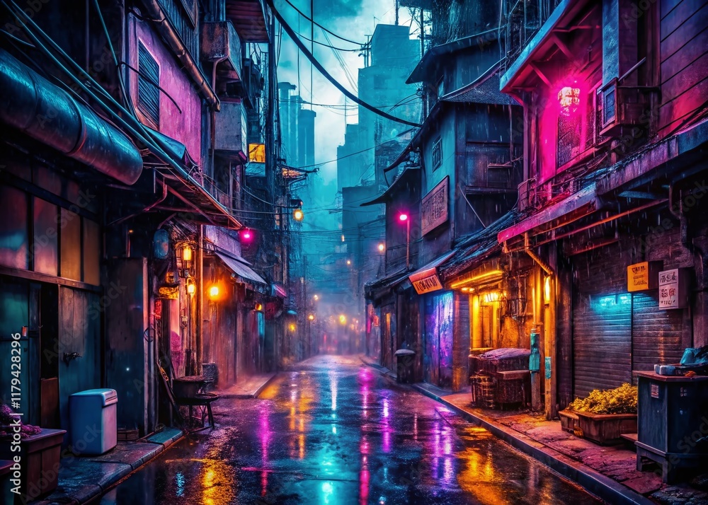 Cyberpunk Neo-Noir Anime Alleyway: Panoramic Slum Scene - Dark, Gritty, Futuristic Urban Backdrop Cyberpunk Neo-Noir Anime Alleyway: Panoramic Slum Scene - Dark, Gritty, Futuristic Urban Backdrop