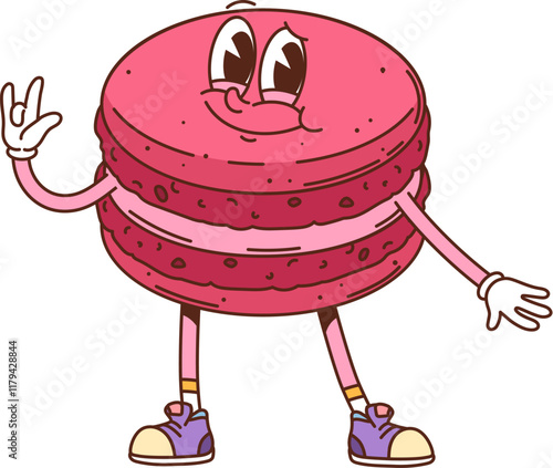 Retro hippie groovy macaroon dessert character. Cafe sweet pink macaroon retro funky isolated vector cute personage, french restaurant dessert meal cartoon mascot or pastry groovy funny character