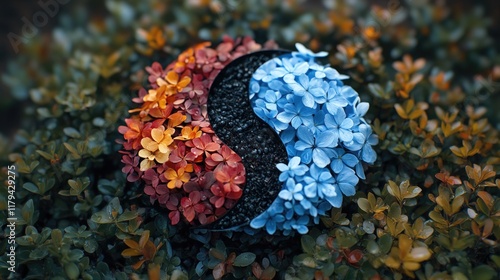 Wallpaper Mural Yin yang symbol made of red and blue flowers in garden setting Torontodigital.ca