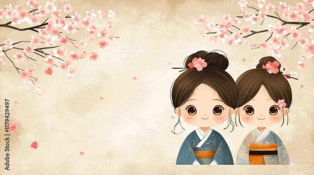 Cute cartoon asian girls with cherry blossoms and traditional clothing. Chinese New Year Cute cartoon asian girls with cherry blossoms and traditional clothing. Chinese New Year