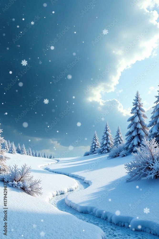 Naklejka premium Frosty landscape with snowflakes falling gently, frozen land, peaceful scene