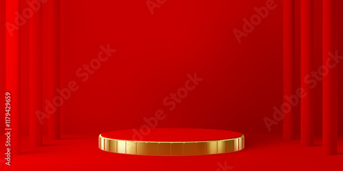 Chinese red and golden podium stage with columns around. Lunar New Year background with 3d vector lavish round platform for showcasing products, presentations, or ceremonial events, festive scene