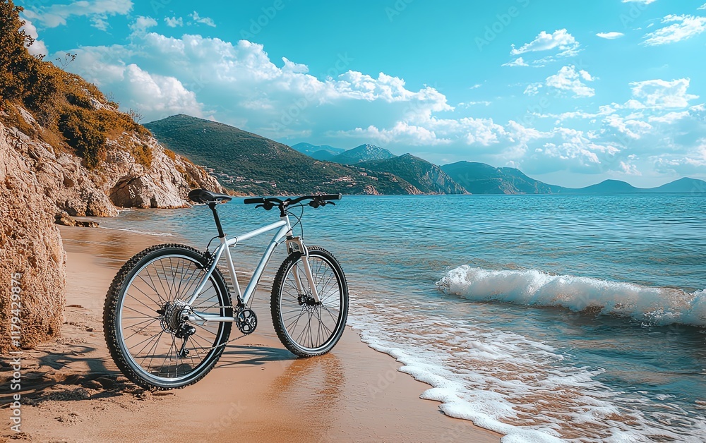 Fototapeta premium A bike on the seashore, resting on the soft sand with ocean waves crashing, a scene of fitness, motivation, and seaside outdoor adventure
