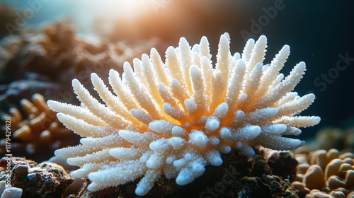 Stunning underwater close-up of vibrant coral polyps, bathed in sunlight, showcasing intricate detail and texture.  Ideal for nature documentaries, marine biology publications, or environmental awaren photo