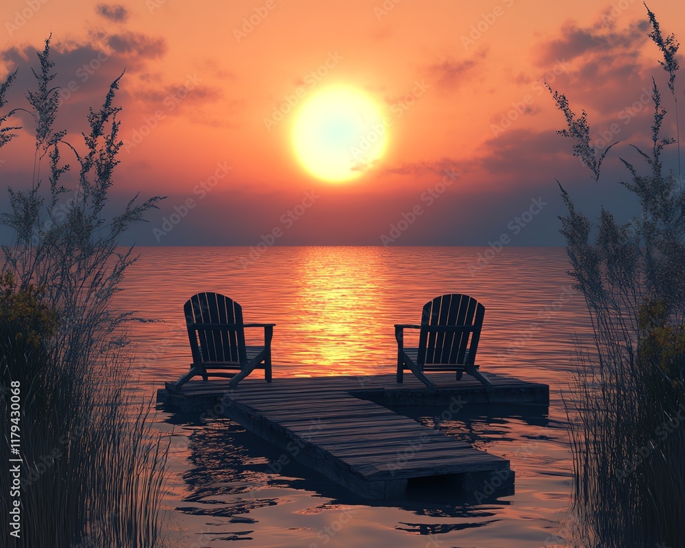 A calm, serene scene of two wooden chairs on a wooden pier at sunset, overlooking a peaceful lake, with the warm glow of the sun reflecting on the water A calm, serene scene of two wooden chairs on a wooden pier at sunset, overlooking a peaceful lake, with the warm glow of the sun reflecting on the water